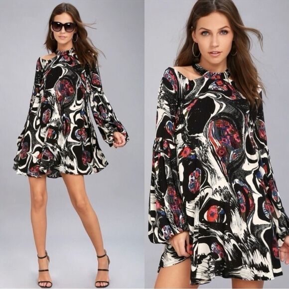 Free People Sz XS Drift Away Cold Shoulder Printed Bohemian Tunic Dress hippie - Picture 1 of 6